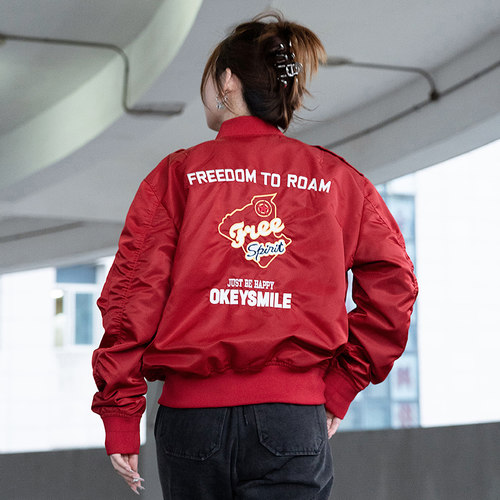 UOD红色美式飞行夹克男复古刺绣棒球服情侣款春秋季宽松工装外套