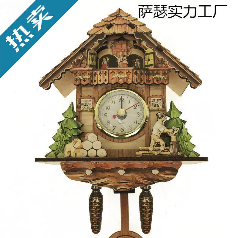现货挂钟布谷鸟咕咕报时闹钟北欧复古时钟木质客厅钟表电池电子