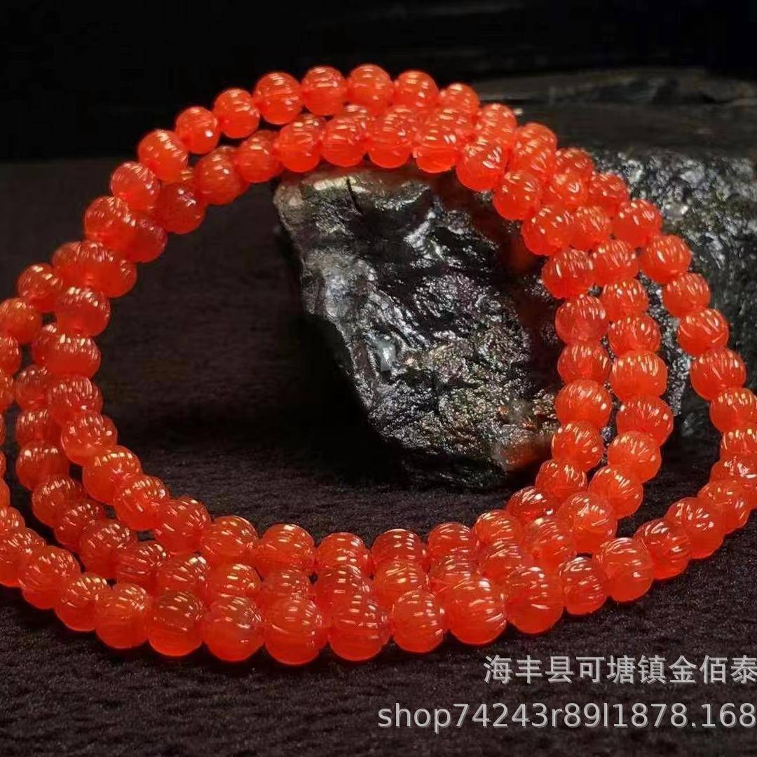 天然保山南红冰红莲花珠长链中国红河湾料无杂裂荧光强收藏送礼