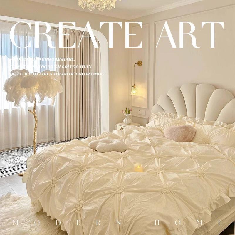 奶油风床科技布床网红花瓣床少女轻奢床现代简约1.2米女孩公主床