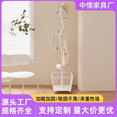 奶油风落地衣帽架卧室落地挂衣架可移动带轮转角床边收纳篮脏衣篓