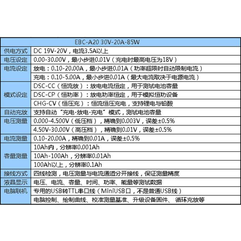 EBC-A20 电池容量测试仪 铅酸锂电铁锂三元充放电仪 5A充20A放