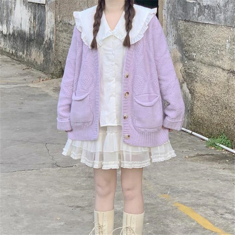 胖MM200斤特大码日系甜美慵懒风毛衣开衫紫色外T套女学院风针织衫