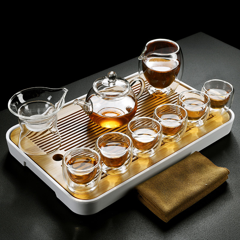 家用简约高端透明玻璃茶具套装储水茶盘茶壶盖碗双层茶杯整套功夫