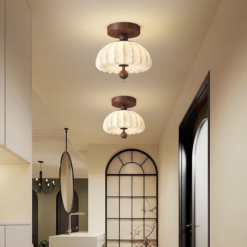 家装玄关灯饰布艺床头小吊过道灯宋式美学中古法式奶油木艺灯具