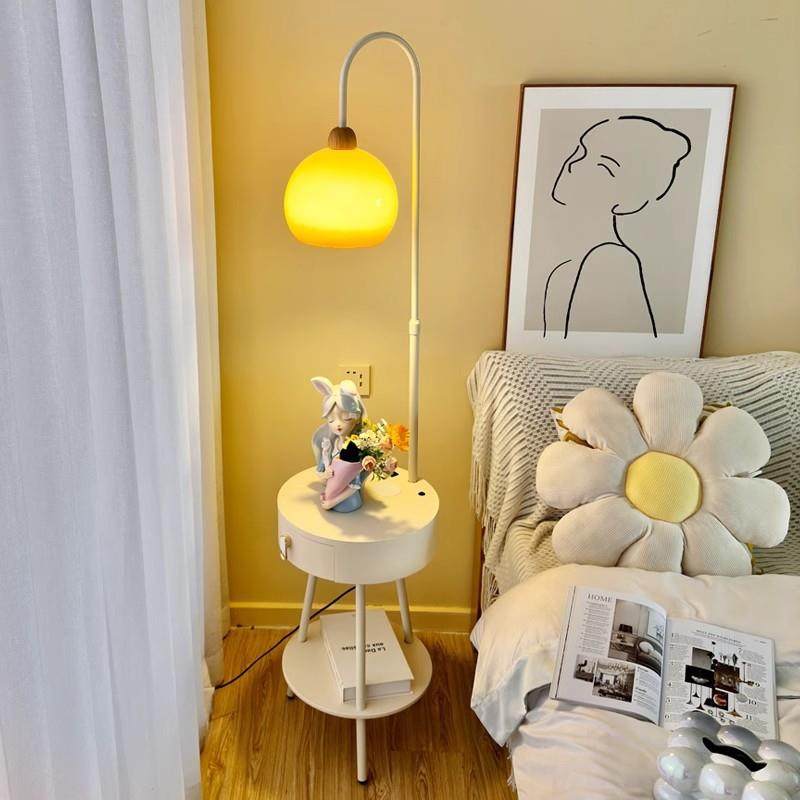 奶油风卧室置物架落地灯床头柜台灯一体氛围装饰客厅沙发台灯边几