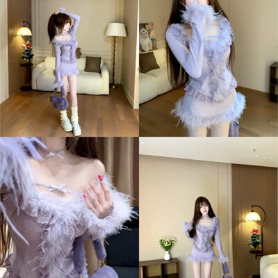 毛毛拼接上衣+半身裙套装女