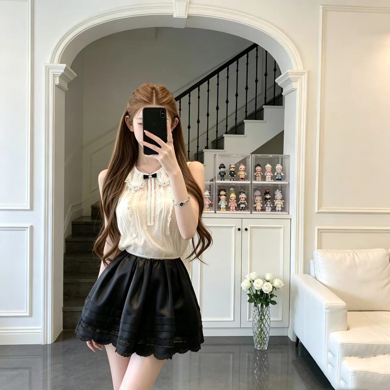 少女感蕾丝花边无袖上衣蓬蓬半身裙套装女夏气质显瘦