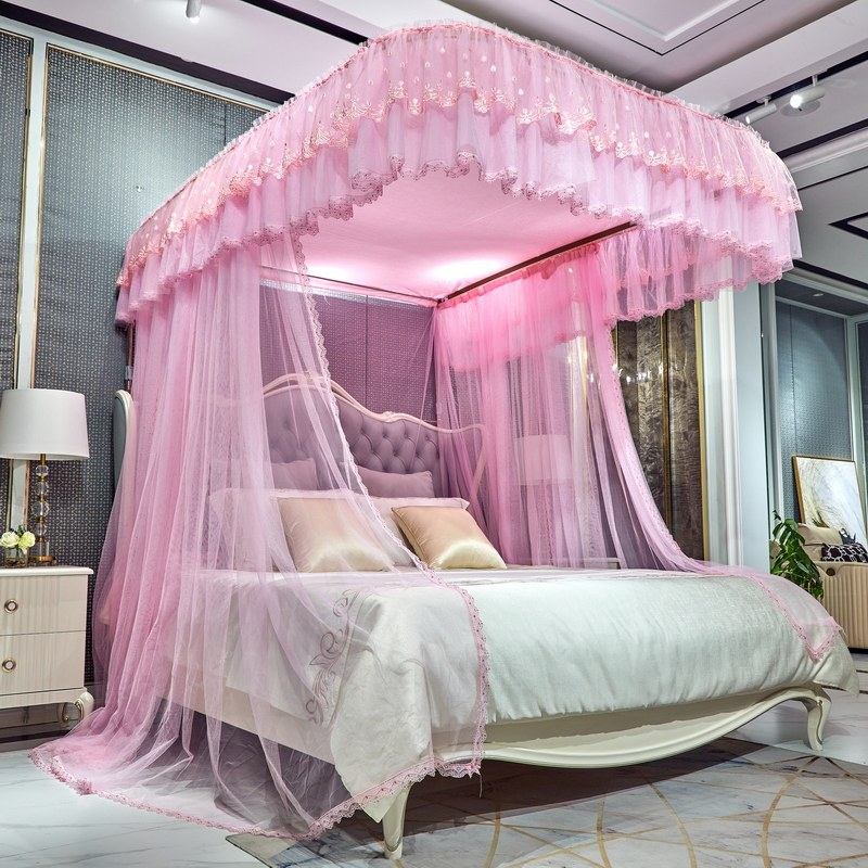 新款防尘遮光顶u型导轨蚊帐1.5m1.8米加密加厚轨道可升降支架家用