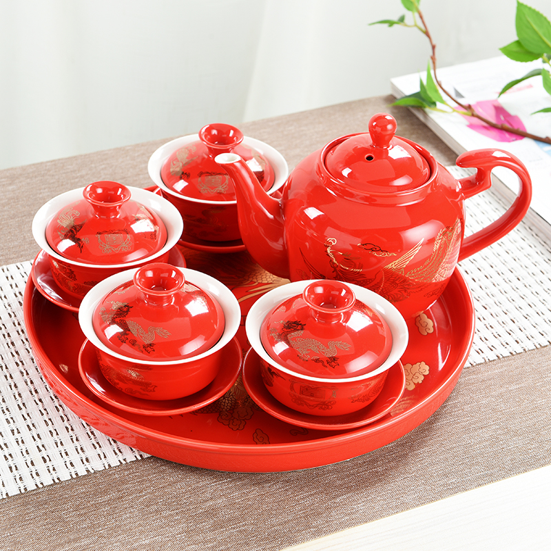 喜茶新人敬茶杯结婚庆盖碗陶瓷碗筷套装中式婚礼陪嫁红色龙凤对杯