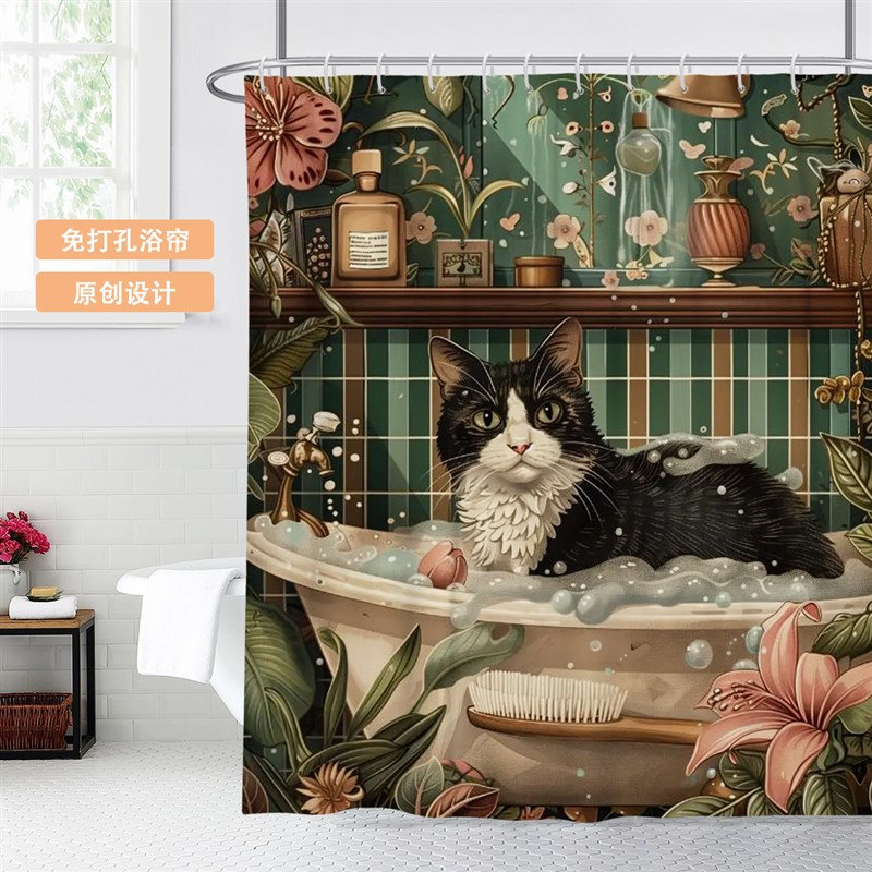 插画猫咪狗宠物卡通遮挡免打孔防霉浴帘宿舍防水隔断帘卫生间挂帘