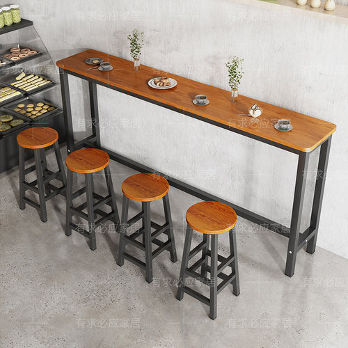圆角吧台桌商用酒吧台奶茶店桌椅组合家用靠墙长条高脚桌简约窄桌