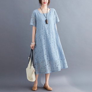蕾丝裙子女气质显瘦A字短袖 胖mm遮肚子夏装 连衣裙 女装 胖仙女大码