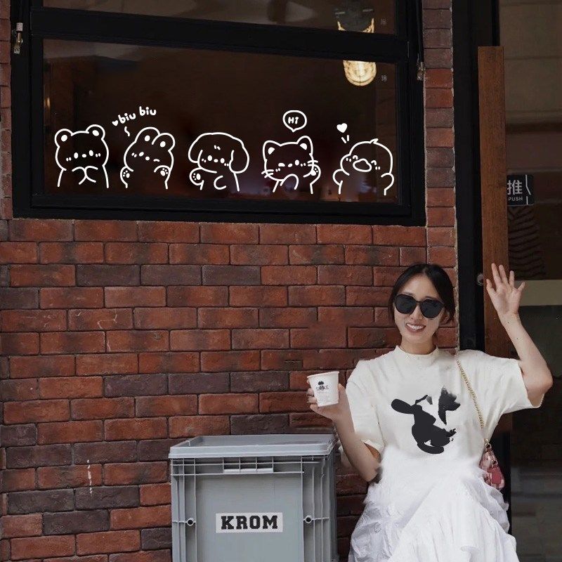 卡通可爱动物玻璃门窗户厨房抽屉垃圾桶创意装饰贴纸橱窗镜子墙贴