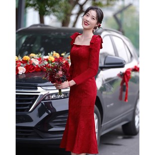 敬酒服新娘长袖 秋冬 平时可穿订婚连衣裙红色礼服裙冬2024回门便装
