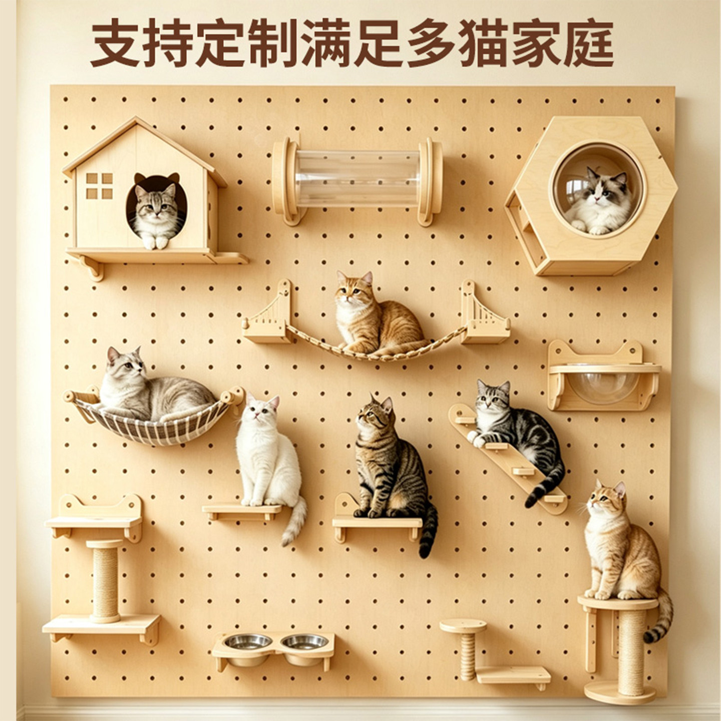 实木洞洞板猫爬架猫窝一体壁挂式不占地上墙家用可定制跳台猫别墅