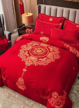 大红色纯棉婚庆四件组全棉加厚磨毛婚庆龙凤床单被套单件结婚床品