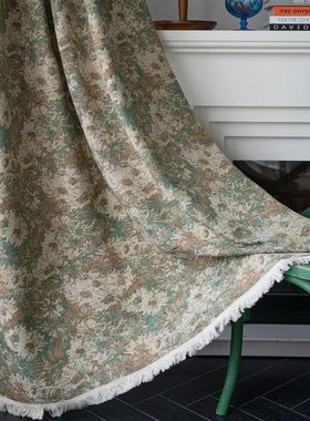 窗帘绿色油画花朵厨房帘美式乡村飘窗窗帘成品半遮光