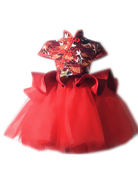 女童旗袍礼服唐装中国风中式公主裙古筝红色小女孩中国传统旗袍