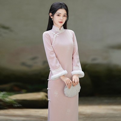 古法全开襟粉色旗袍加厚加厚2024冬季新款年轻款少女连衣裙