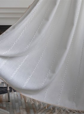 美式针织白色提花布客厅卧室飘窗米色流苏装饰遮光窗帘成品