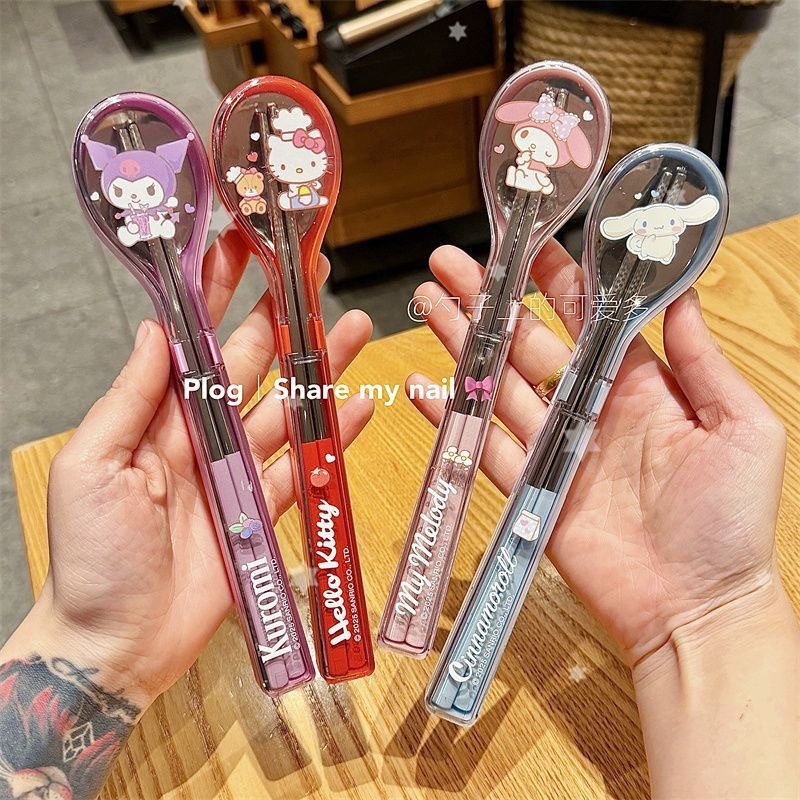 三丽鸥不锈钢筷子勺子套装卡通库洛米便携餐具学生一个人用收纳盒