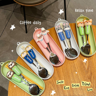 迪士尼筷子勺子套装疯狂动物城不锈钢勺叉筷便携餐具可爱朱迪尼克