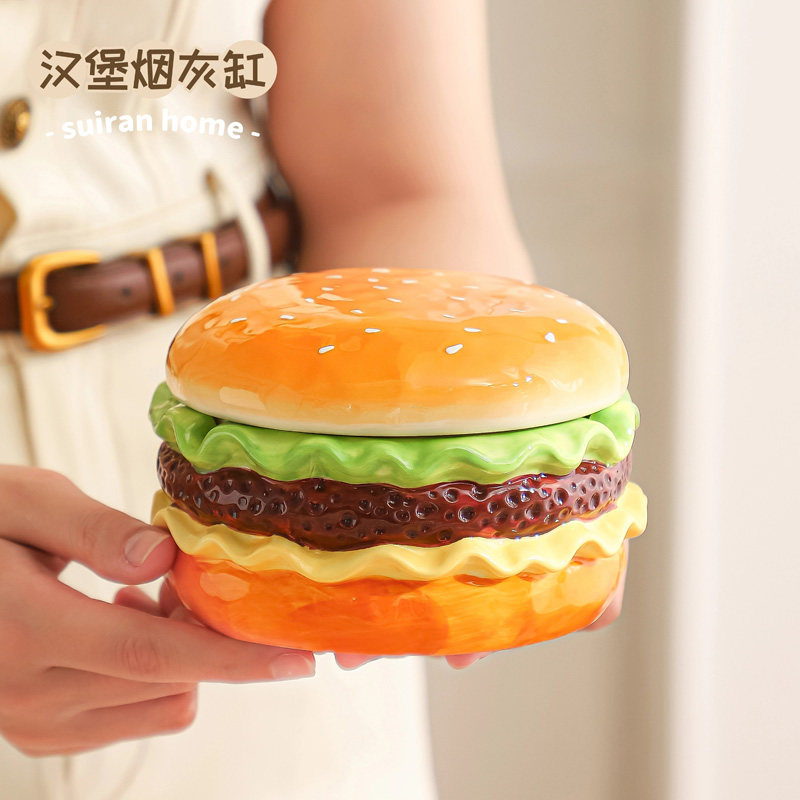 烟灰缸带盖子防飞灰家用客厅创意超可爱汉堡包陶瓷桌面茶几摆件烟