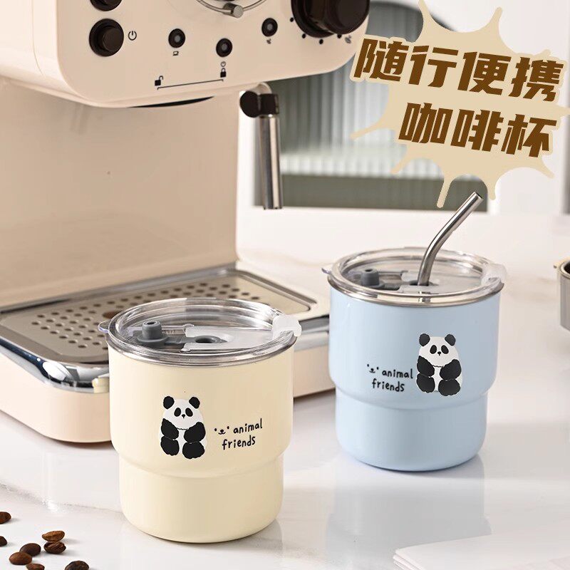 304不锈钢咖啡杯宝宝可爱吸管杯牛奶杯外带家用随行杯办公室水杯