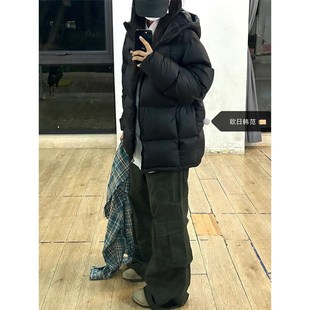 棉外 大码 黑色羽绒棉服女2024新款 宽松连F帽加厚短款 面包服秋冬季