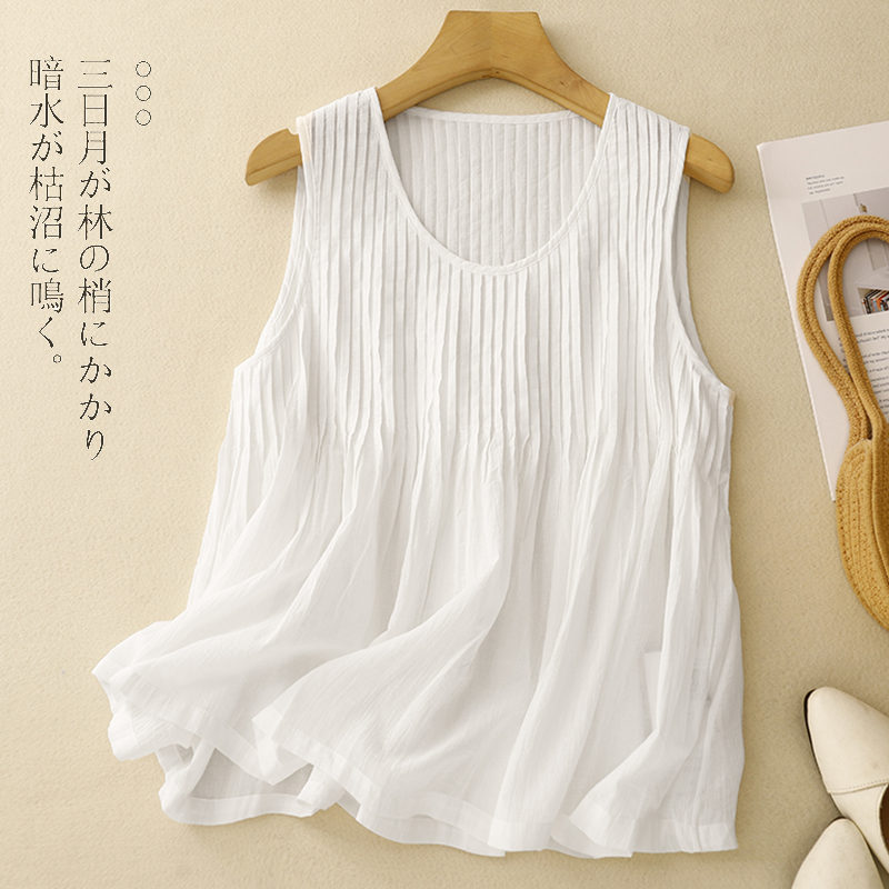 时尚风琴褶圆领无袖吊带背心女夏外穿上衣宽松Q大码显瘦遮肉娃娃