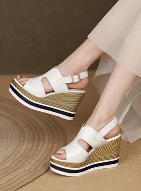 10cmb白色厚底坡跟凉鞋女夏季真皮超高跟松糕底百搭增高体闲女鞋