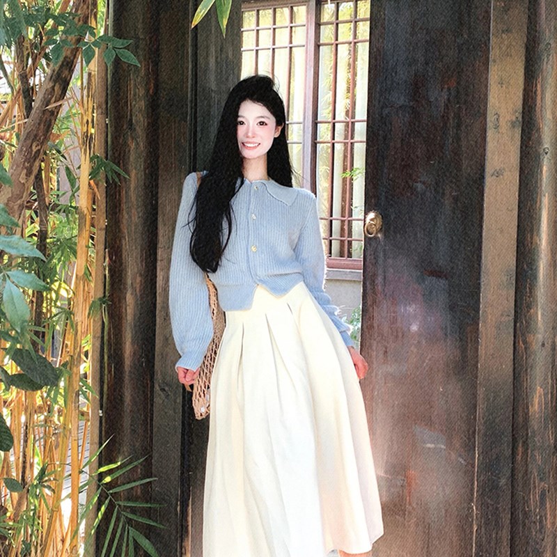 LUVV 白色半身l裙春季新款显瘦中长款小个子高腰气质百褶A字伞裙