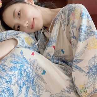 青花日系中袖 睡 套头薄o款 印花睡裙纯棉纱布宽松可外穿家居服套装