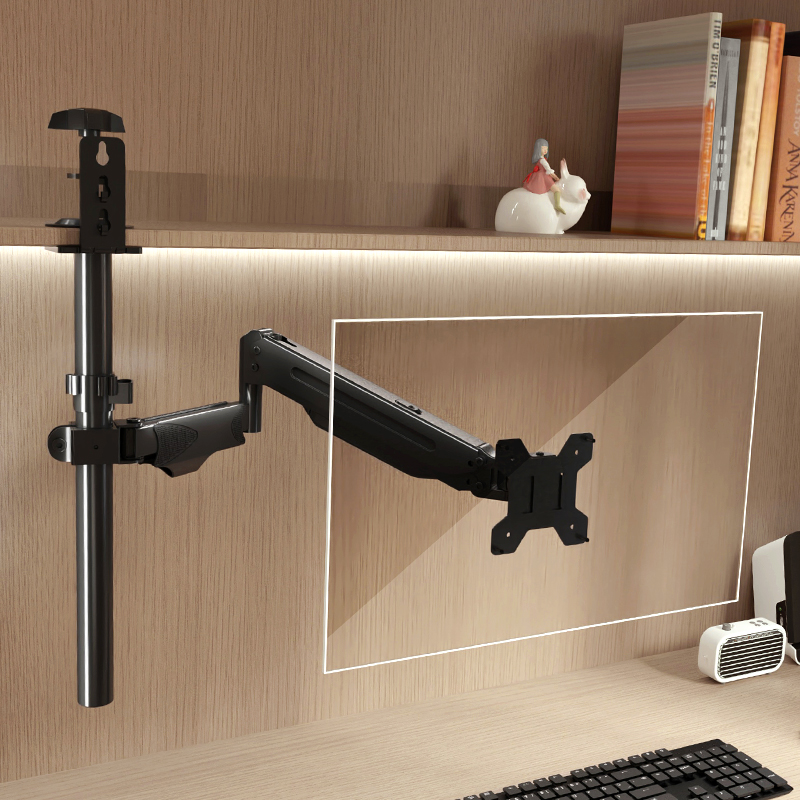 倒挂显示器支架书柜夹式倒装可升降旋转机械臂吊顶气压悬挂托架子