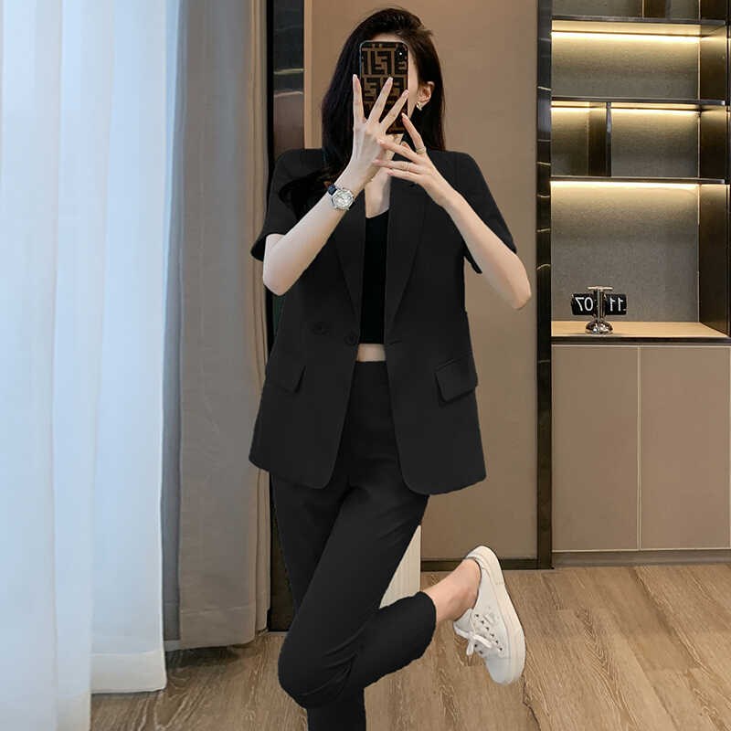 黑色西装外套女夏季薄款202x5新款高级感工作服职业装短袖西服套