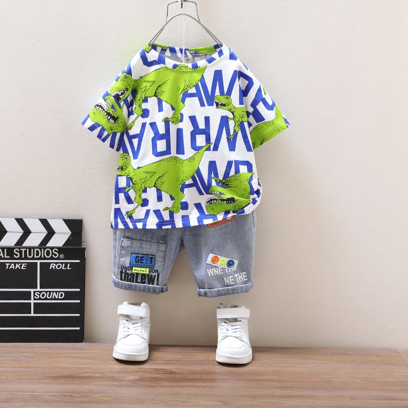 童装男童夏装宝宝夏季新款纯棉短袖套装儿童夏天网红时髦恐龙衣服