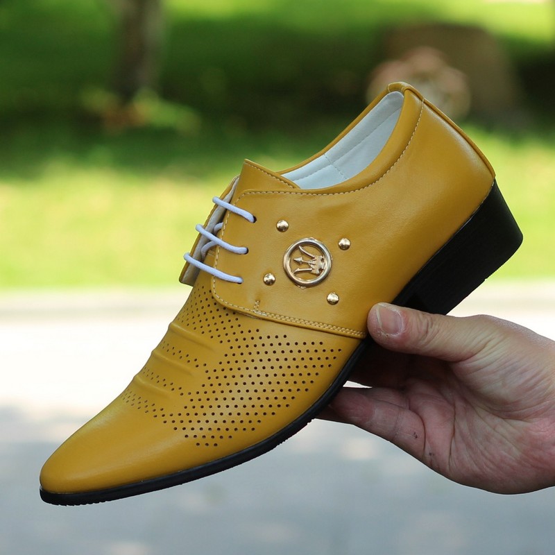 时尚男鞋子夏季透气镂空洞洞鞋青年商务正装皮鞋男白蓝黄色休闲鞋