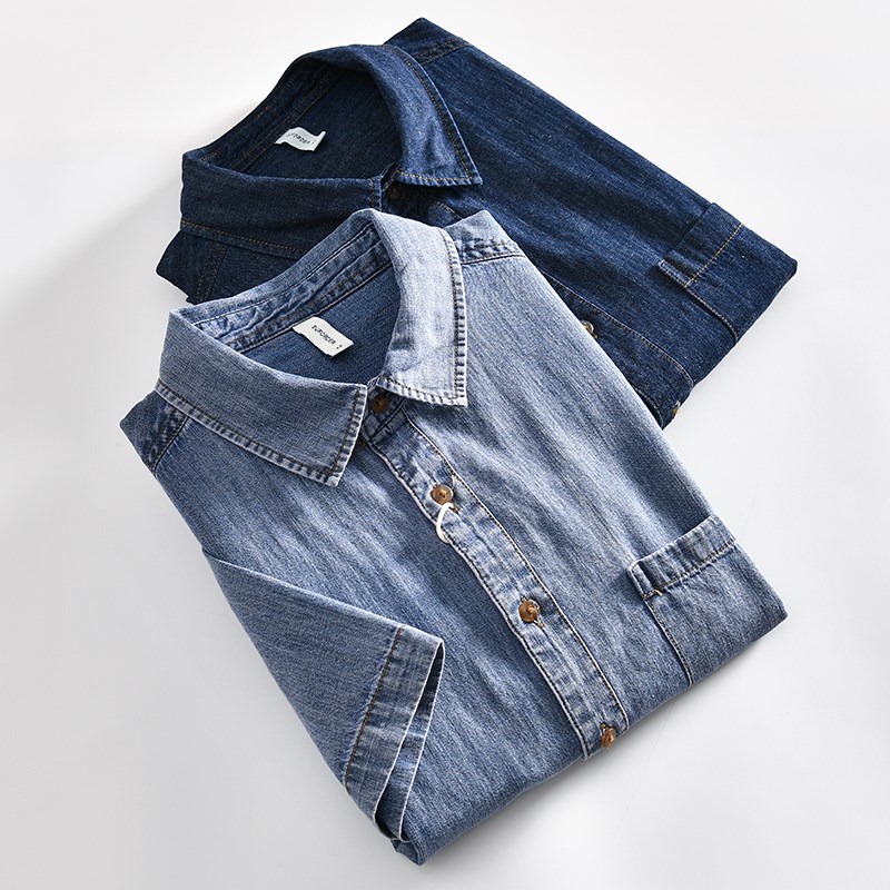 美式复古!柔软水洗全棉!夏季外贸男士百搭宽松休闲短袖牛仔衬衫