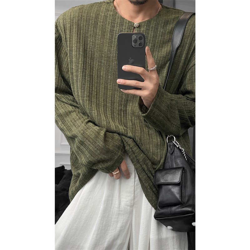 龙叨叨夏新品复古慵懒风轻薄透气长袖T恤男韩系休闲宽松百搭上衣