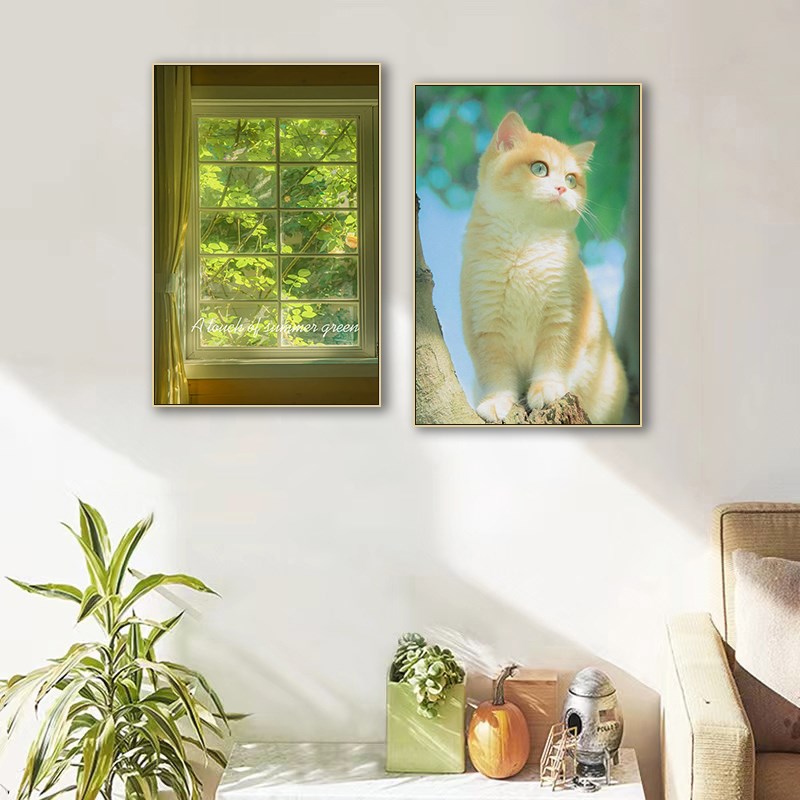 猫咪系餐厅装饰画北欧小清新卧室壁画假窗R户客厅背景墙挂画图片