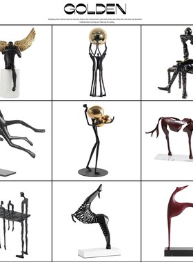 现代轻奢金属大理石抽象马人形雕塑摆件样板间客厅书房家居软装饰