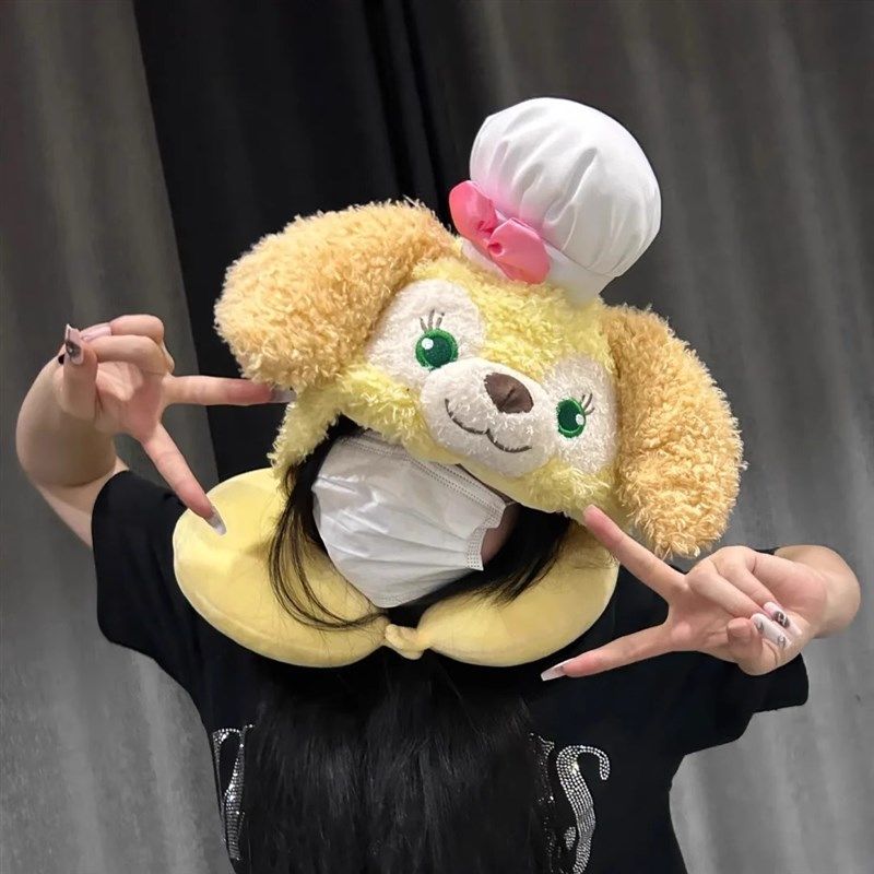 饼饼U型抱枕可爱卡通毛绒狗连帽枕护颈枕旅行飞机枕戴帽U枕女礼物