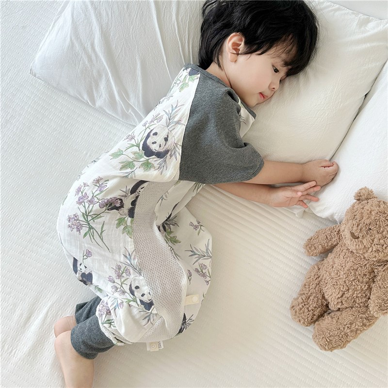 夏季薄款宝宝竹棉纱布睡袋儿童短袖透气分腿连体睡衣空调房防踢被