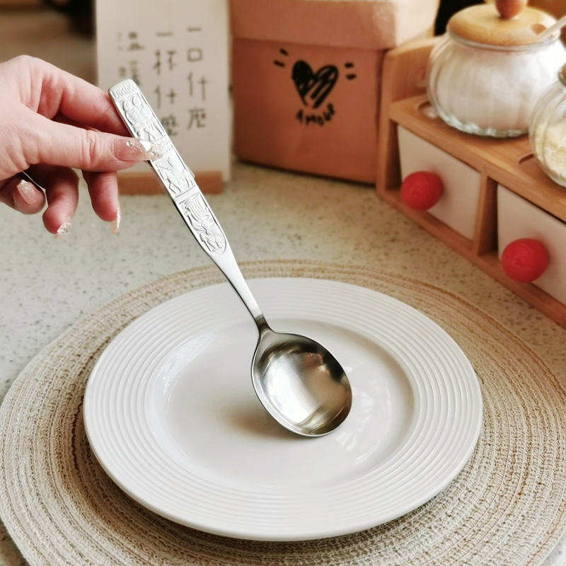 厚重圆头304不锈钢大勺子创意复古浮雕吃饭长餐勺拌饭勺汤匙调羹