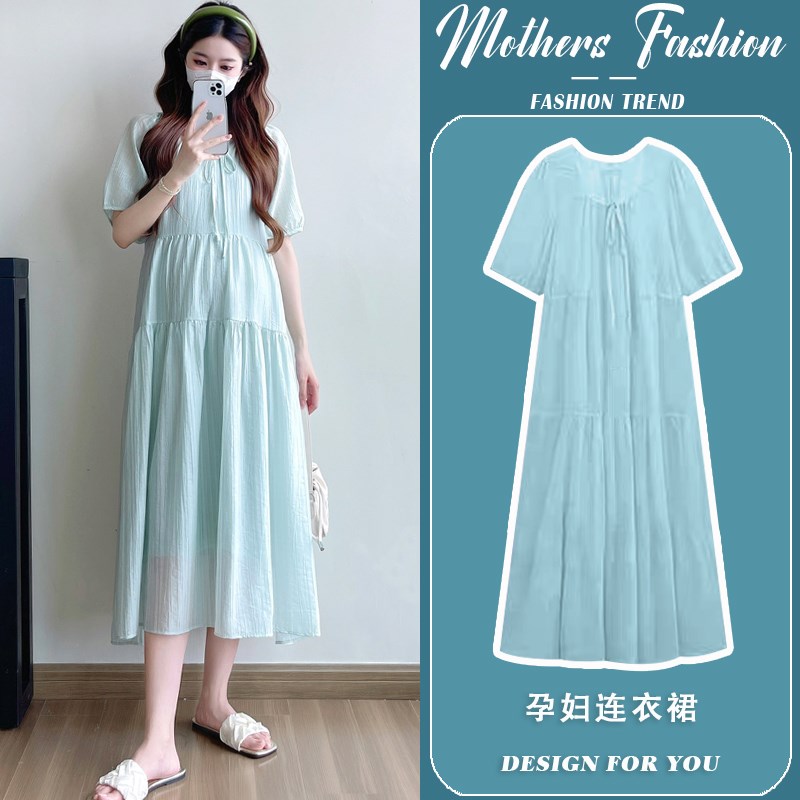孕妇连衣裙夏2025新款青绿色甜美减龄宽松遮肚显瘦外穿短袖中长款