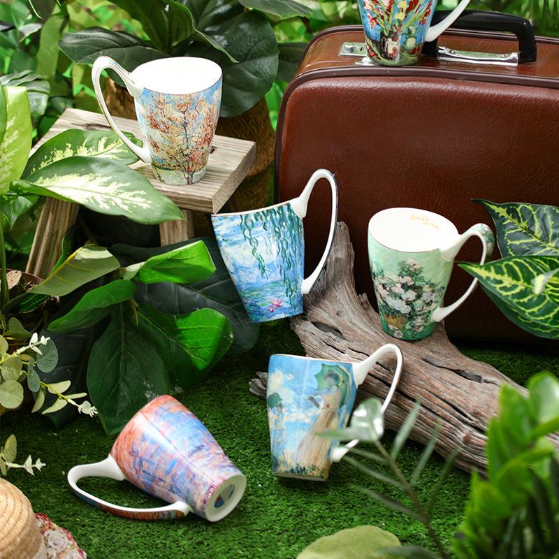 梵高莫奈油画骨瓷马克杯家用北欧情侣杯大容量创意简约咖啡杯水杯