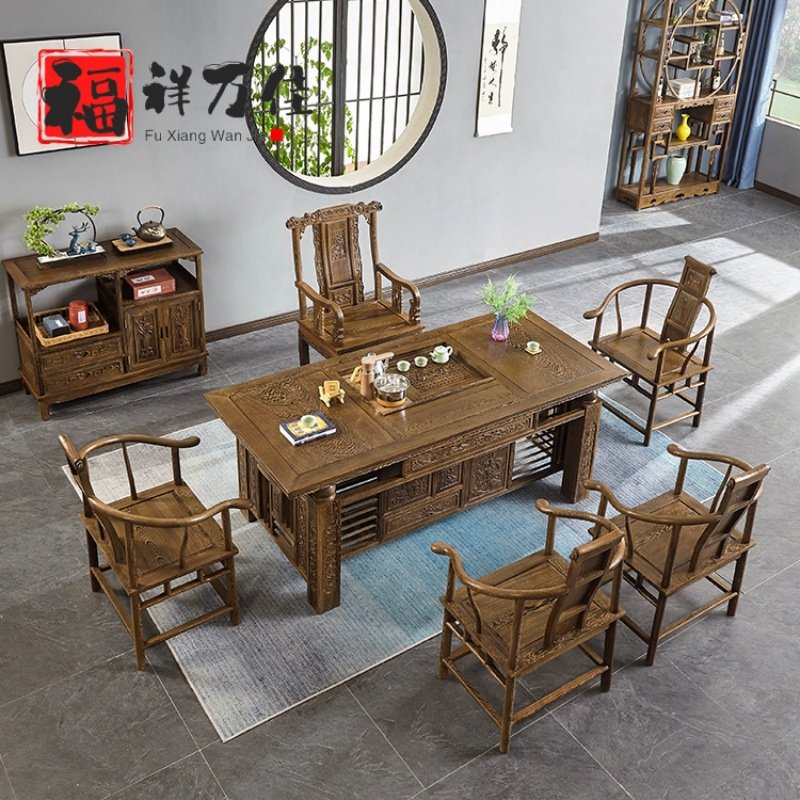鸡翅木茶桌椅组合茶几茶具套装雕花新中式实木办公室红木茶台书桌