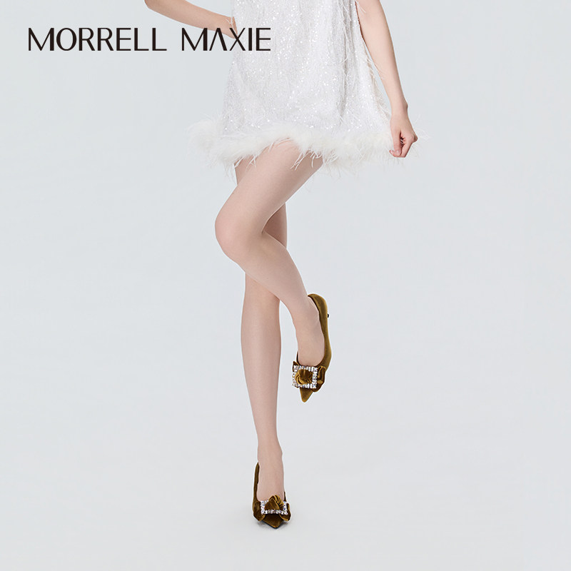Morrell Maxie尖头黄绿色丝绒蝴蝶结钻扣细跟单鞋|MW261041YL