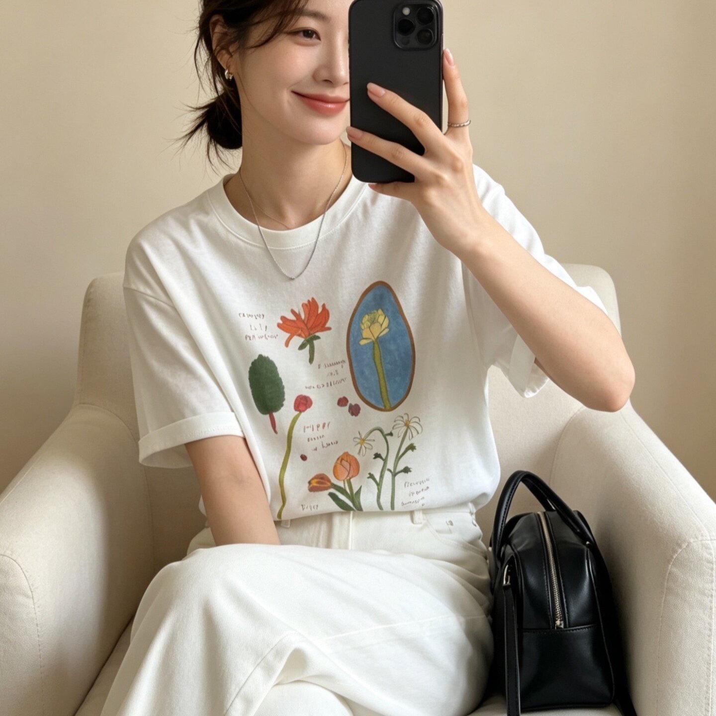 2026夏新款艺术感花卉涂鸦T恤女
